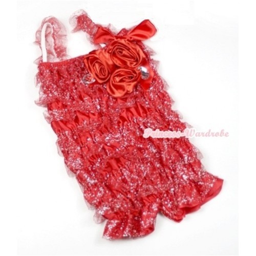 Sparkle Hot Red Lace Ruffles Petti Rompers With Straps With Big Bow & Bunch Of Hot Red Satin Rosettes& Crystal LR168 